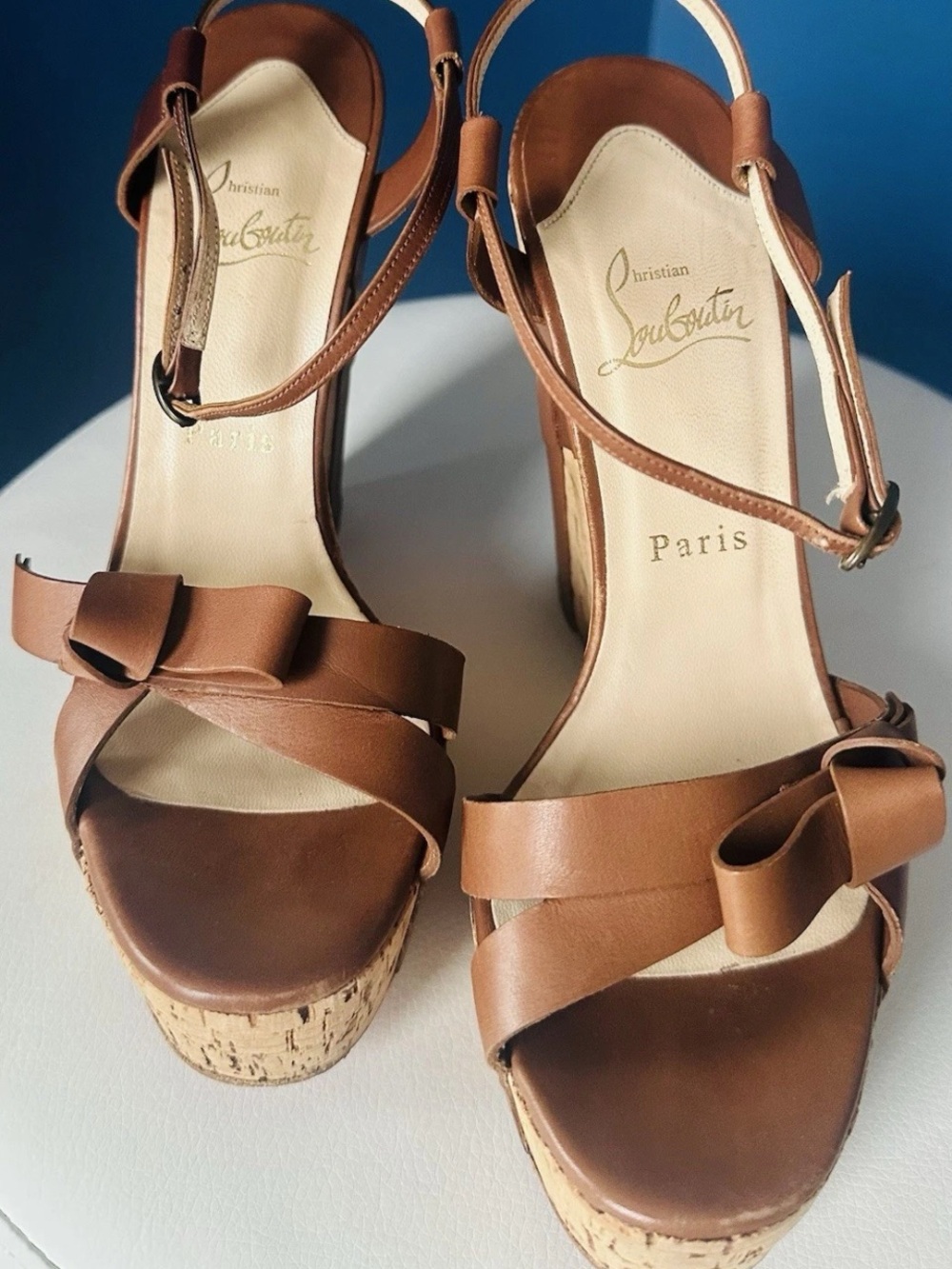 Christian Louboutin Brown Leather Cork Bow Wedge Sandals size 39